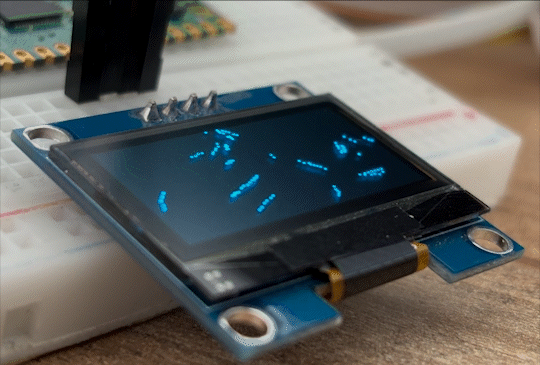 Imagen de una pantalla oled usada para el proyecto dibujando Vector Trails Cuando el caos se organiza:Simulando particulas en un microcontrolador